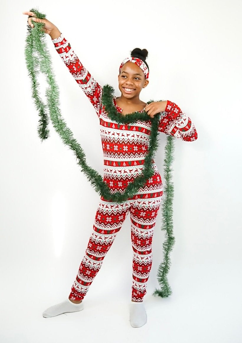 Holiday One piece Red Reindeer jumpsuit with matching Headband